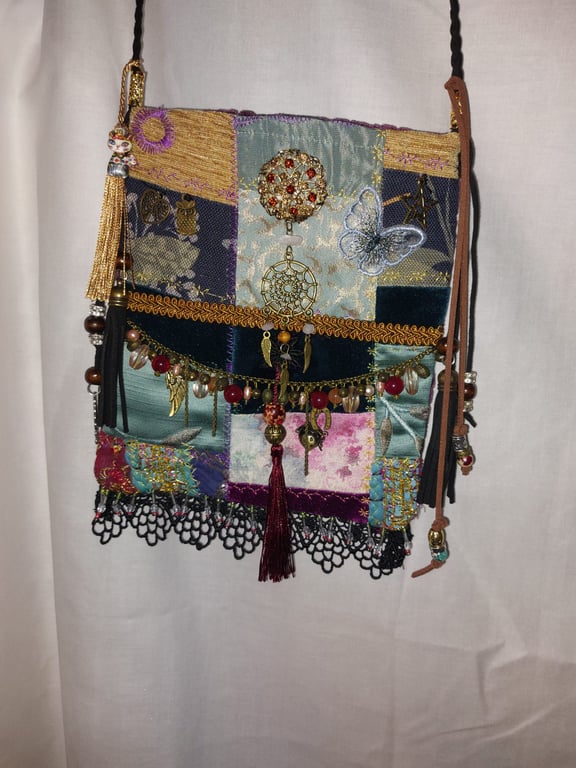 Handcrafted embellished purple  teal velvet Bohemian Gypsy Hippie Festival Bag