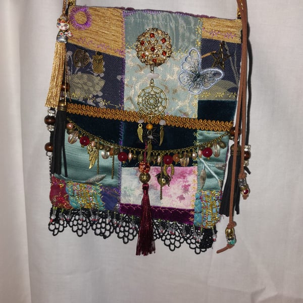 Handcrafted embellished purple  teal velvet Bohemian Gypsy Hippie Festival Bag
