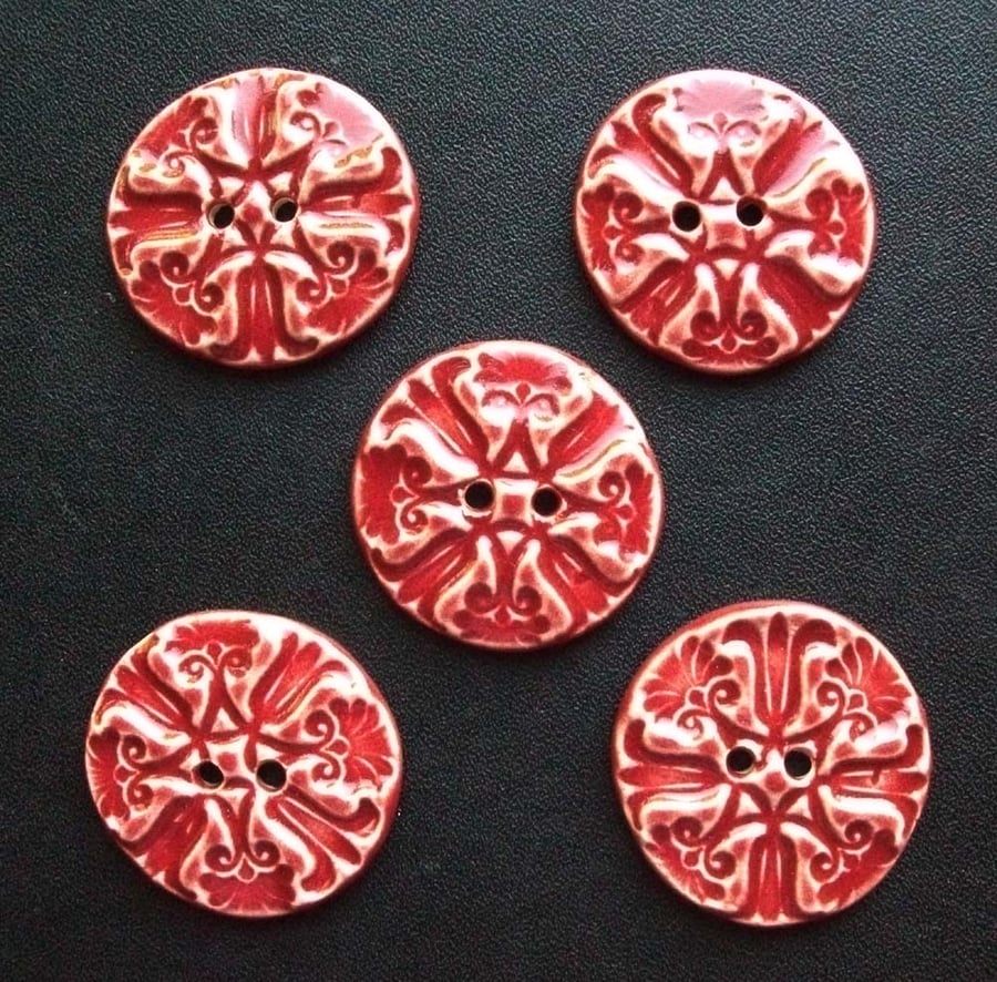 set of five large red ceramic buttons 