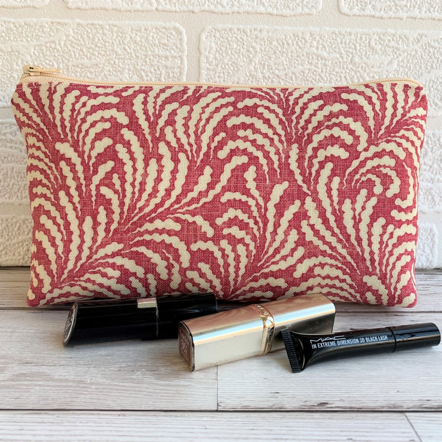 Magenta and cream abstract patterned make up bag or pencil case