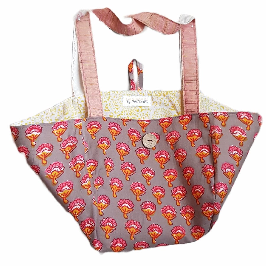 Indian block print shoulder bag: pink flowers on taupe