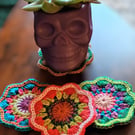 colourful crochet mandala flower coasters