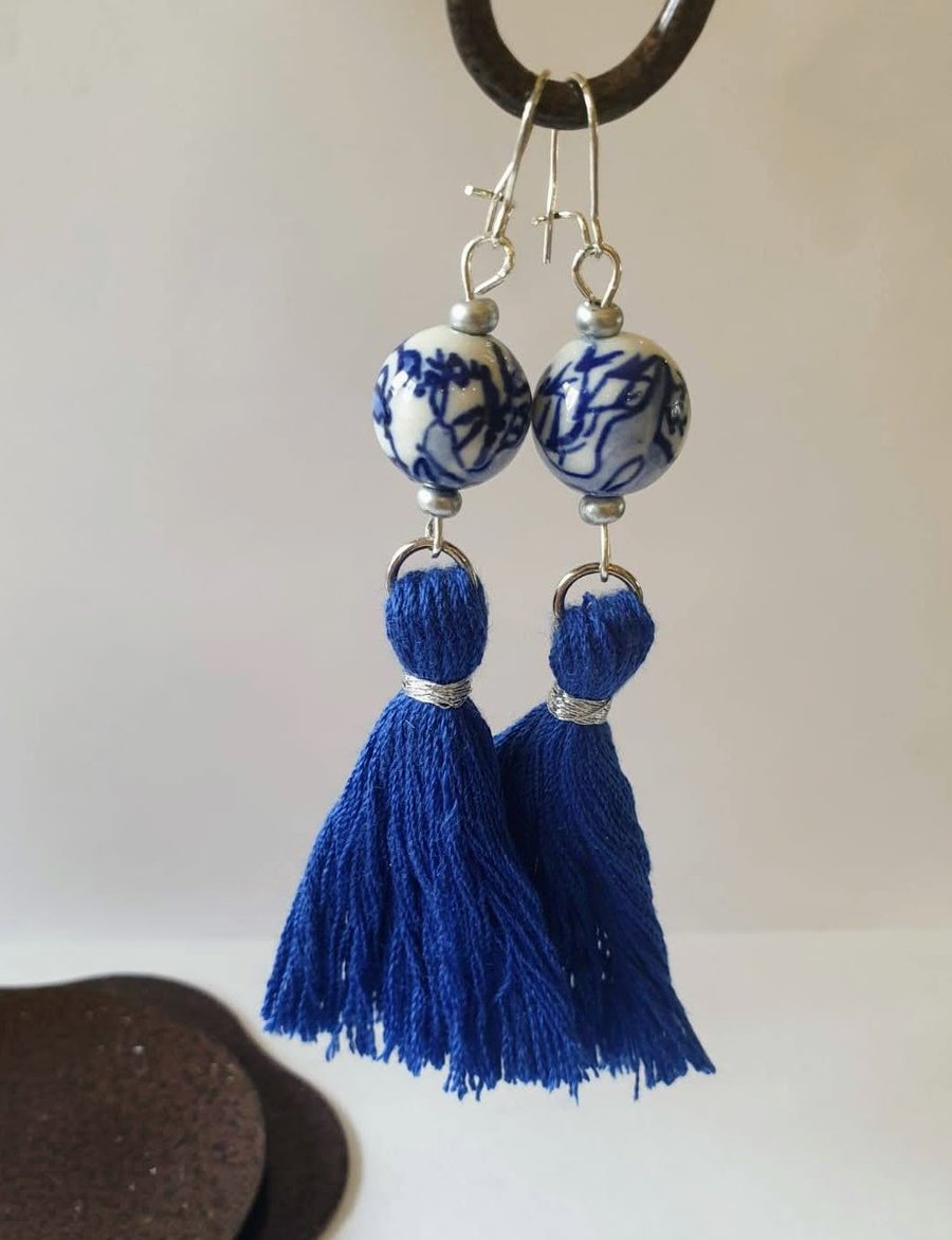 Delft blue bead tassel earrings