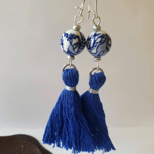 Delft blue bead tassel earrings