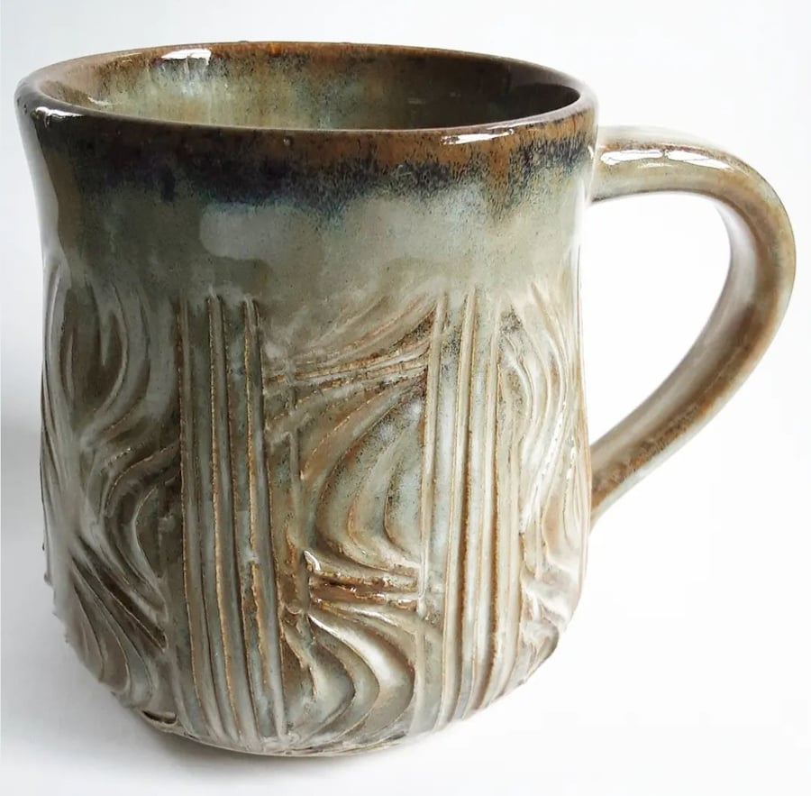 Textured Blue and Brown Glazed Mug - Hand Thrown Stoneware Ceramic Mug 