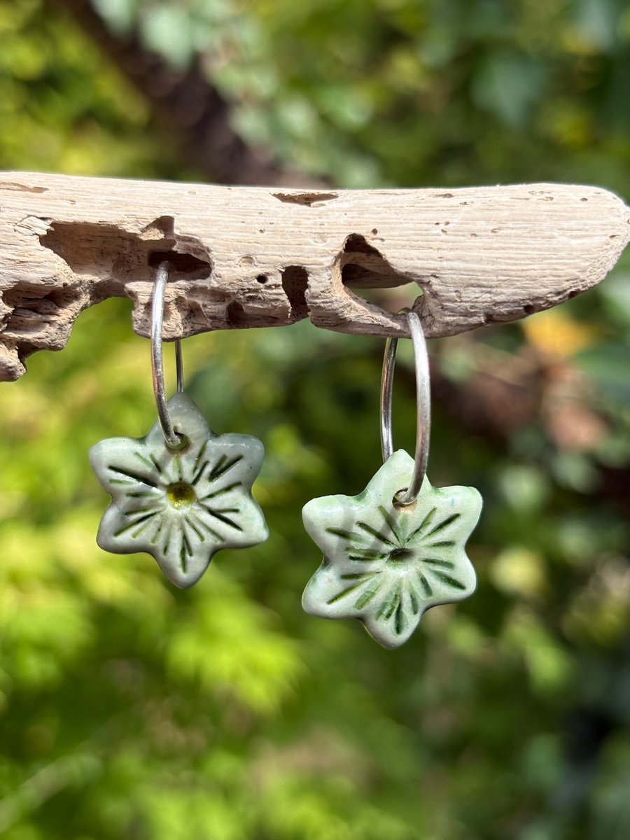 Sterling Silver Endless Hoop Leaf Earrings with Handmade Glazed Porcelain Stars