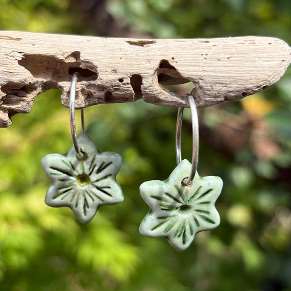 Sterling Silver Endless Hoop Leaf Earrings with Handmade Glazed Porcelain Stars