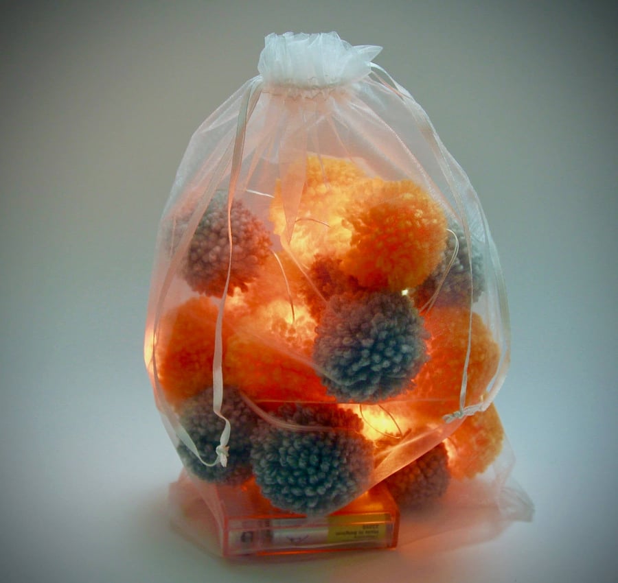 20 Pom Pom Fairy Lights - in Grey and Orange