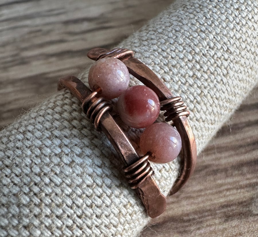 Handmade Copper Ring With 4mm Pink Agate Stones