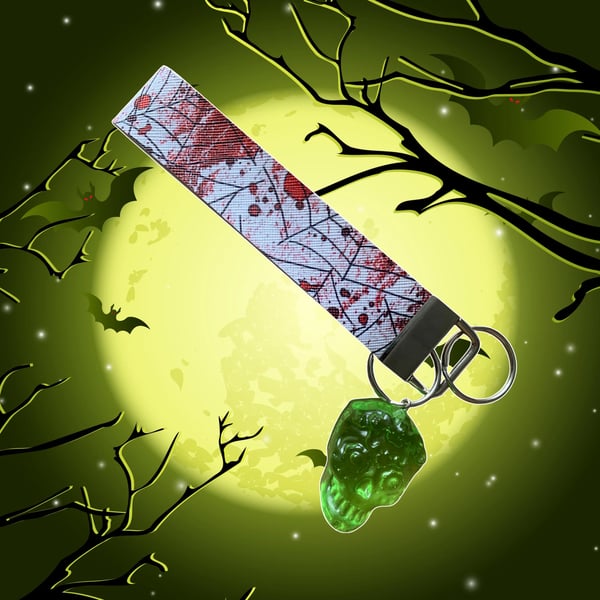 Horror Printed Spiderweb Wristlet Keychain with Cast resin skull charm