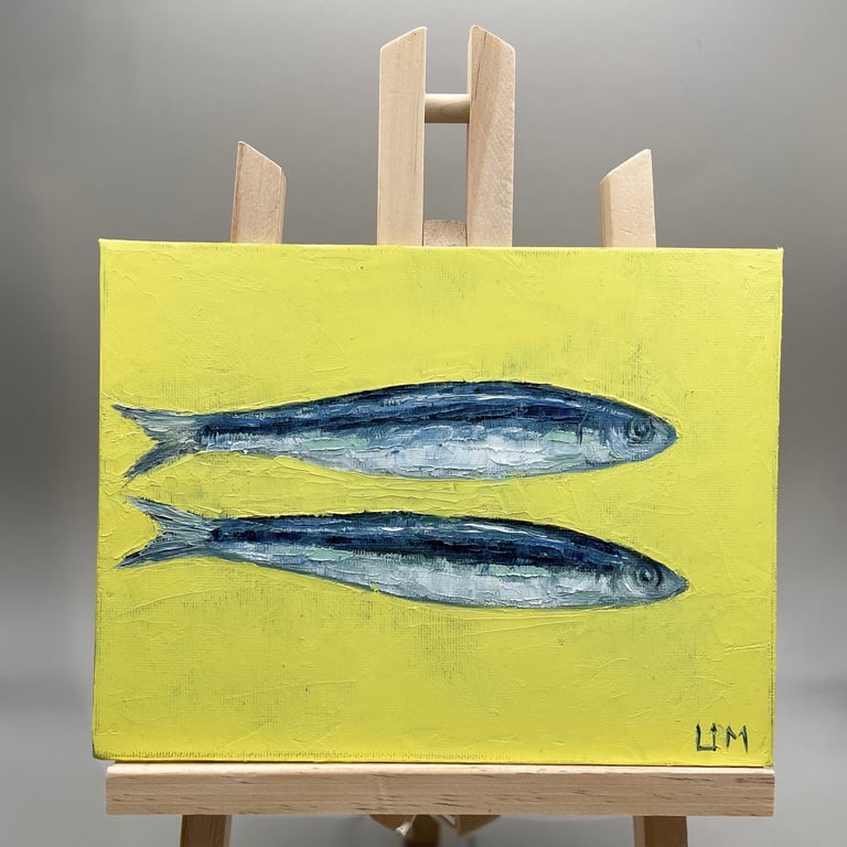 Sardine Painting, Still Life Sardine, Small Impasto Painting on Canvas, Original