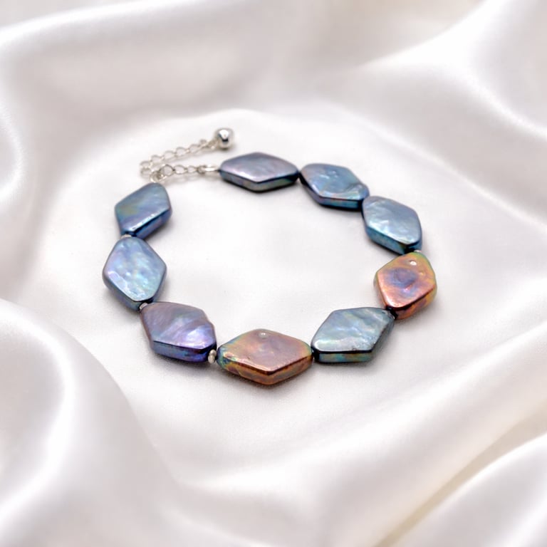 Navy baroque freshwater pearl bracelet in sterling silver