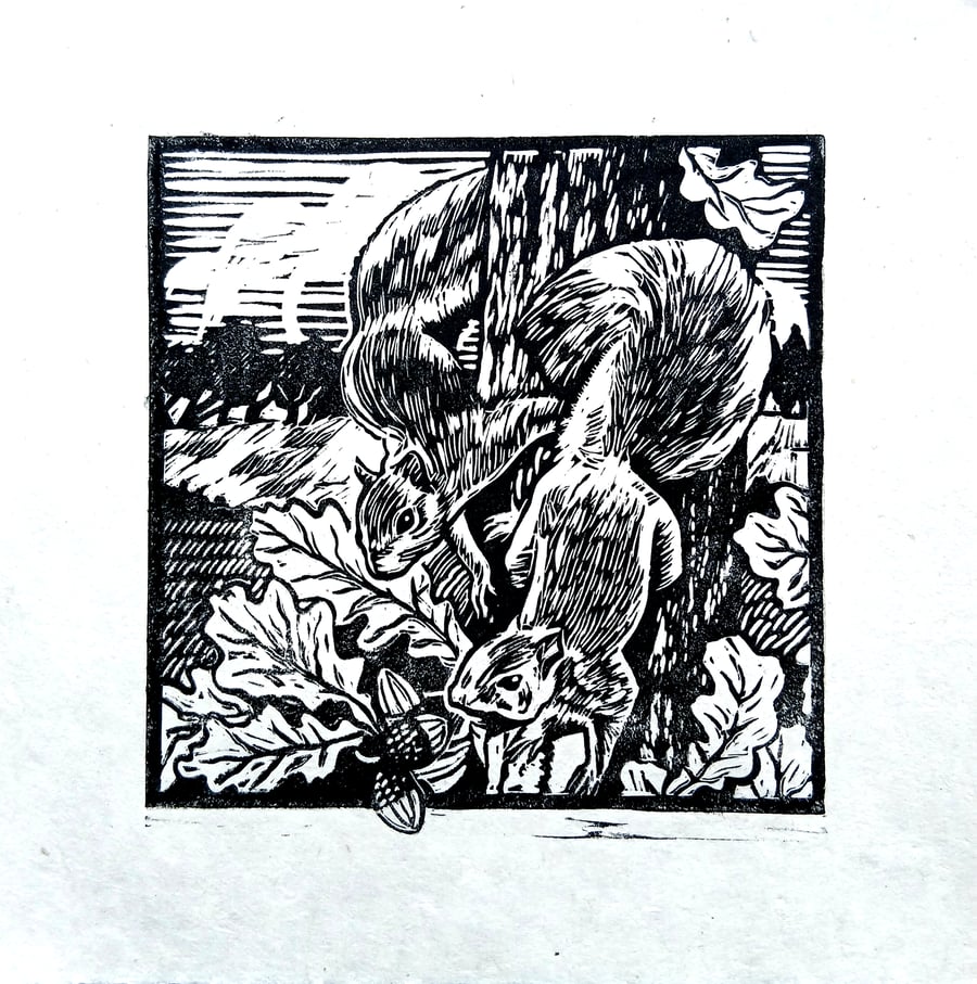 Squirreling. A lino-cut print of acorn foraging squirrels.