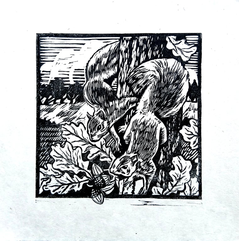 Squirreling. A lino-cut print of acorn foraging squirrels.