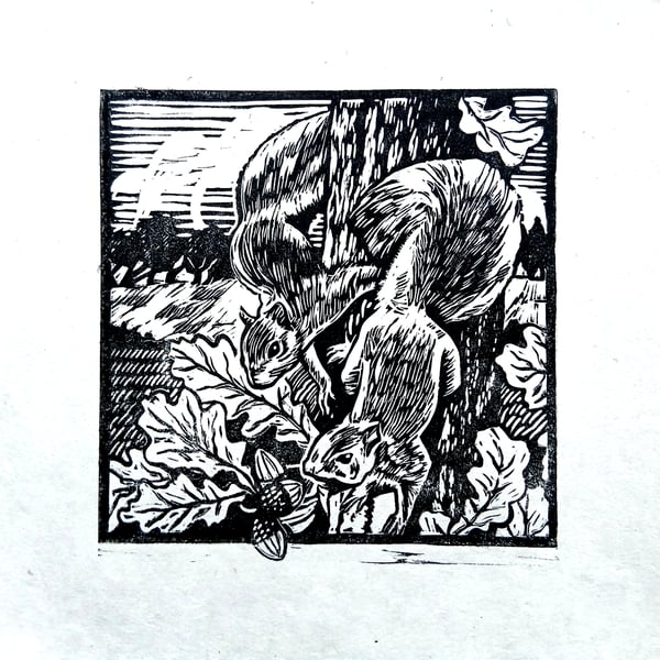 Squirreling. A lino-cut print of acorn foraging squirrels.