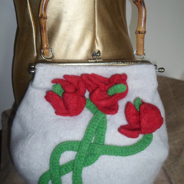 LARGE FELTED  KNITTED 'NONI' BAG WITH TULIPS AND BAMBOO HANDLE, 