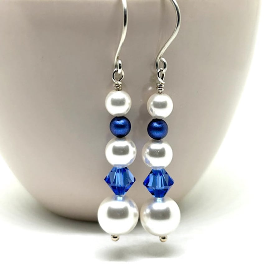 Pearl & Crystal Earrings, Sapphire Blue