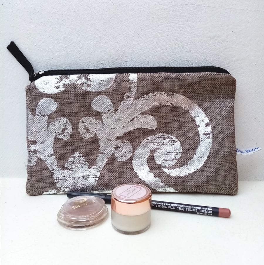 Make Up Bag, Zipped Pouch in Silver and Taupe Upcycled Fabric
