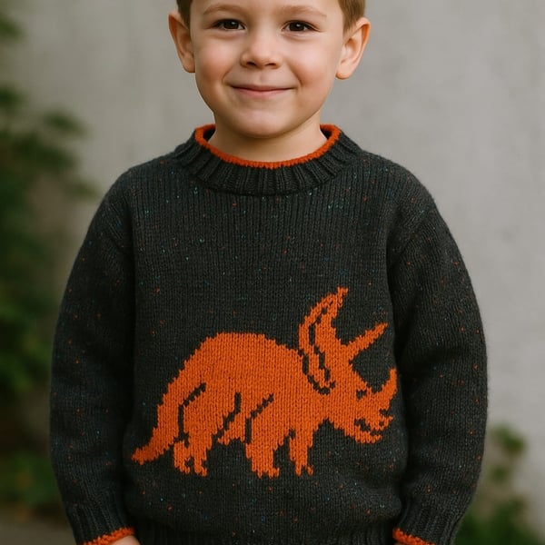 Knitting Pattern Dinosaur Sweater and Hat (Triceraptops).  Digital Pattern