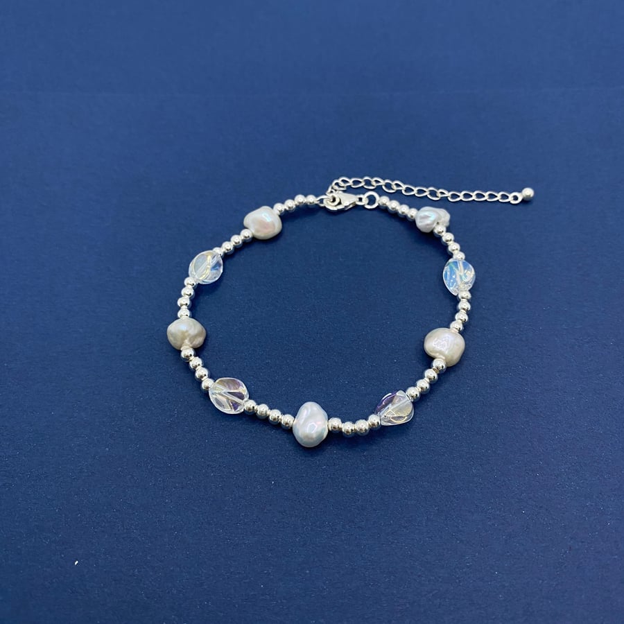 Colourful Keshi Freshwater Pearl Bracelet with Crystal and Sterling Silver beads