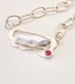 Keshi Pearl and Pink Tourmaline Silver Hand Textured Chain - Image 4