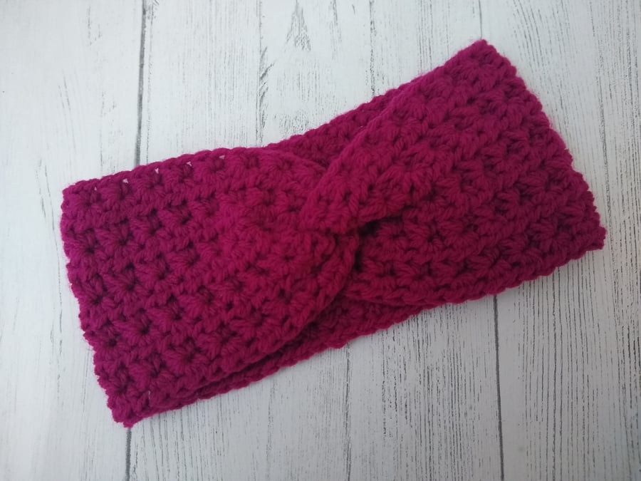 Deep Pink Crochet Twisted Headband Ear Warmer