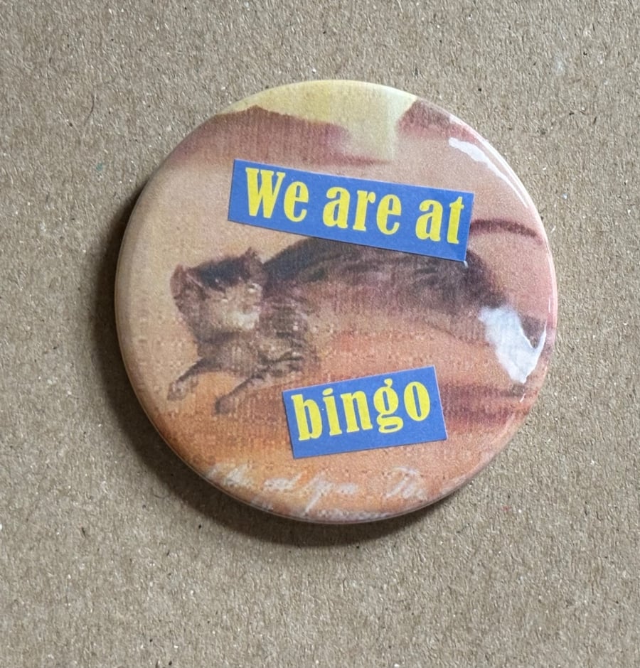 Image of Collage pin badge - medieval cat meme - we are at bingo