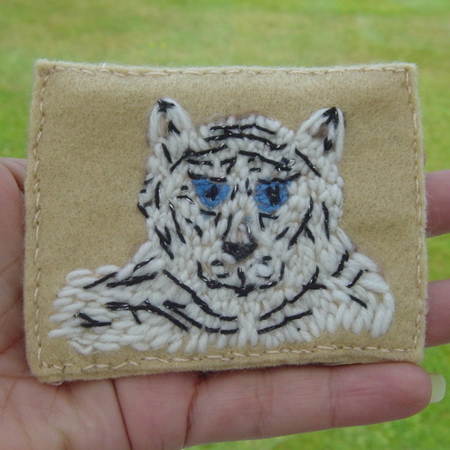 White Tiger Embroidered Yarn and Felt ACEO