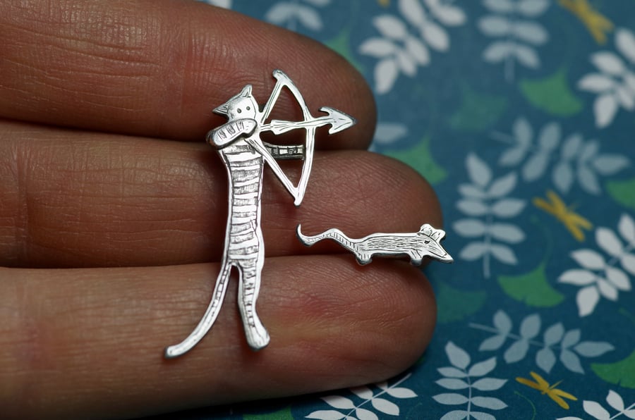 Cat and Mouse lapel pin pair - Handmade Sterling silver brooch badge set