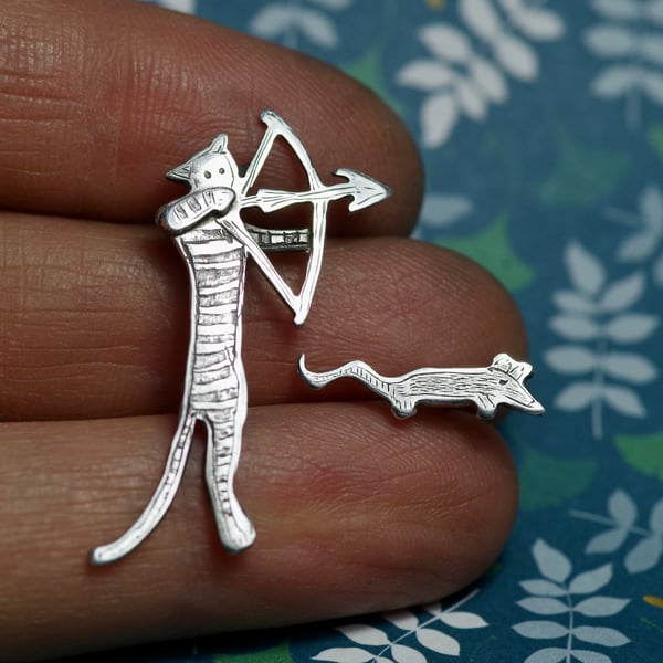 Cat and Mouse lapel pin pair - Handmade Sterling silver brooch badge set