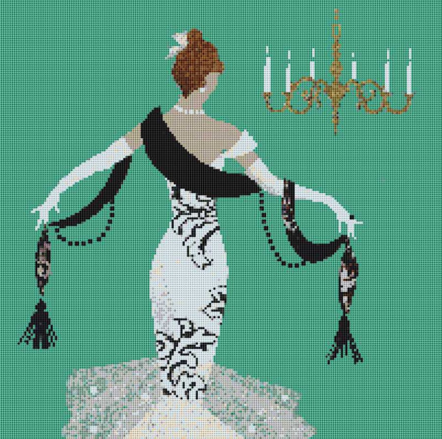 Woman in white dress on blue cross stitch kit