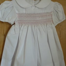 Hand Smocked Dress, White with Pink Smocking, Newborn - 3 m