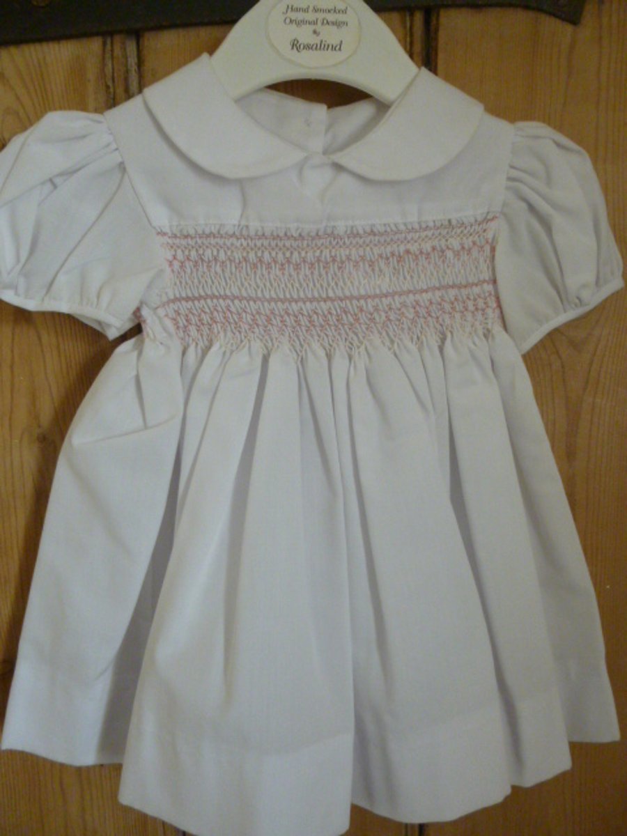Hand Smocked Dress, White with Pink Smocking, Newborn - 3 m