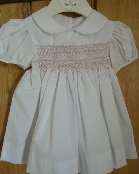 Hand Smocked Dress, White with Pink Smocking, Newborn - 3 m