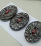3 Medium Oval Metallic Silver Leaf Pattern Handmade Ceramic Buttons - Image 2