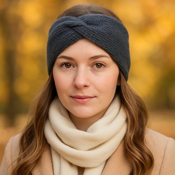 Hand knitted twisted headband ear warmer turban style grey 