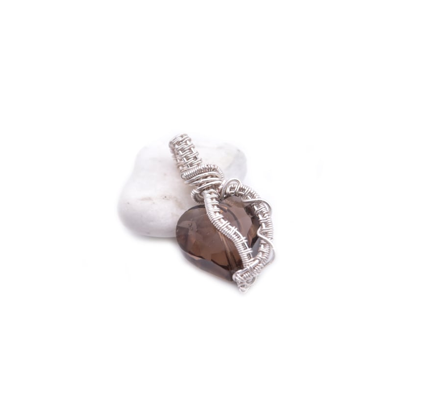 Heart shaped glass pendant, brown pendant, wire wrapped pendant, handmade gift