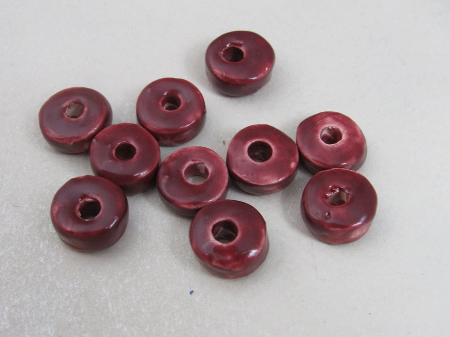 10 Small Rose Red Glazed Ceramic Washer Beads