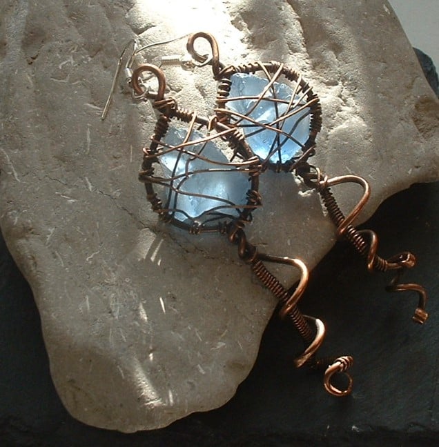 "Sea Creature" Rustic Copper and Blue Sea Glass Wire Wrapped Earrings