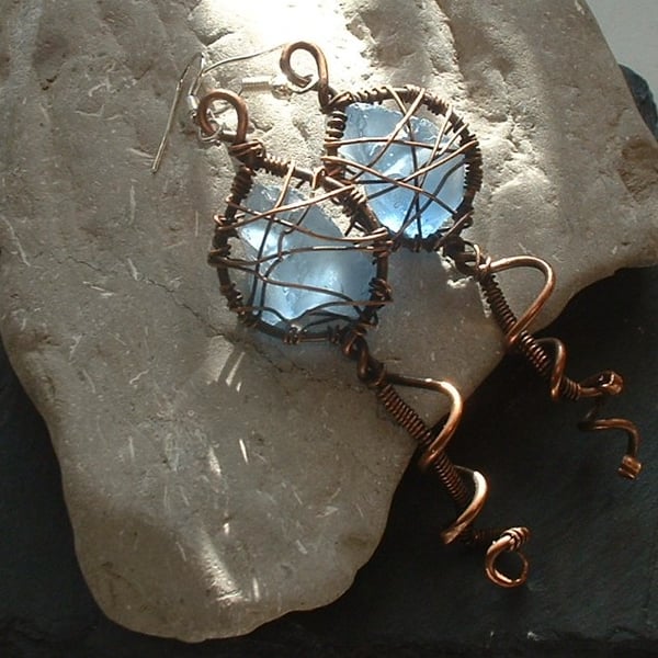 "Sea Creature" Rustic Copper and Blue Sea Glass Wire Wrapped Earrings