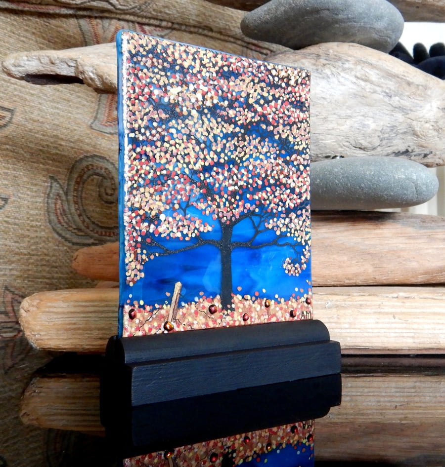 UNIQUE: Handmade Fused Glass 'BLUE AUTUMN TREE' Picture.