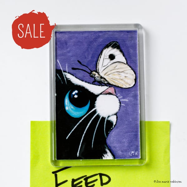 SALE - Tuxedo Cat and Butterfly Fridge Magnet, 3 x 2 inch