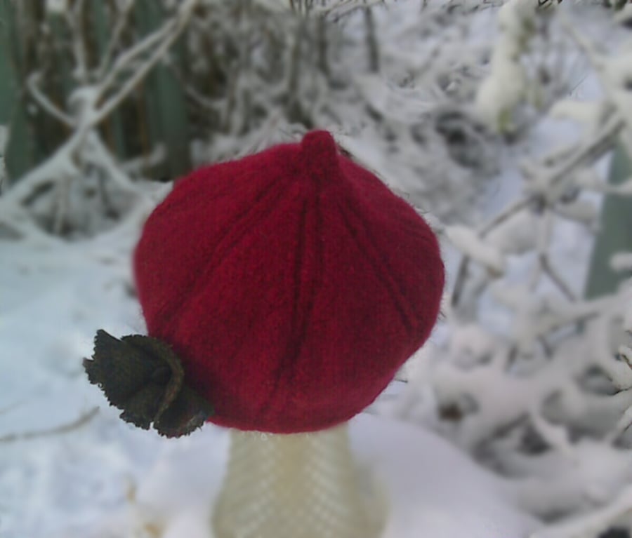 Beret, red felted wool with Harris Tweed trim