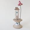 Little House on a Vintage Wood Bobbin with Clay Toadstool