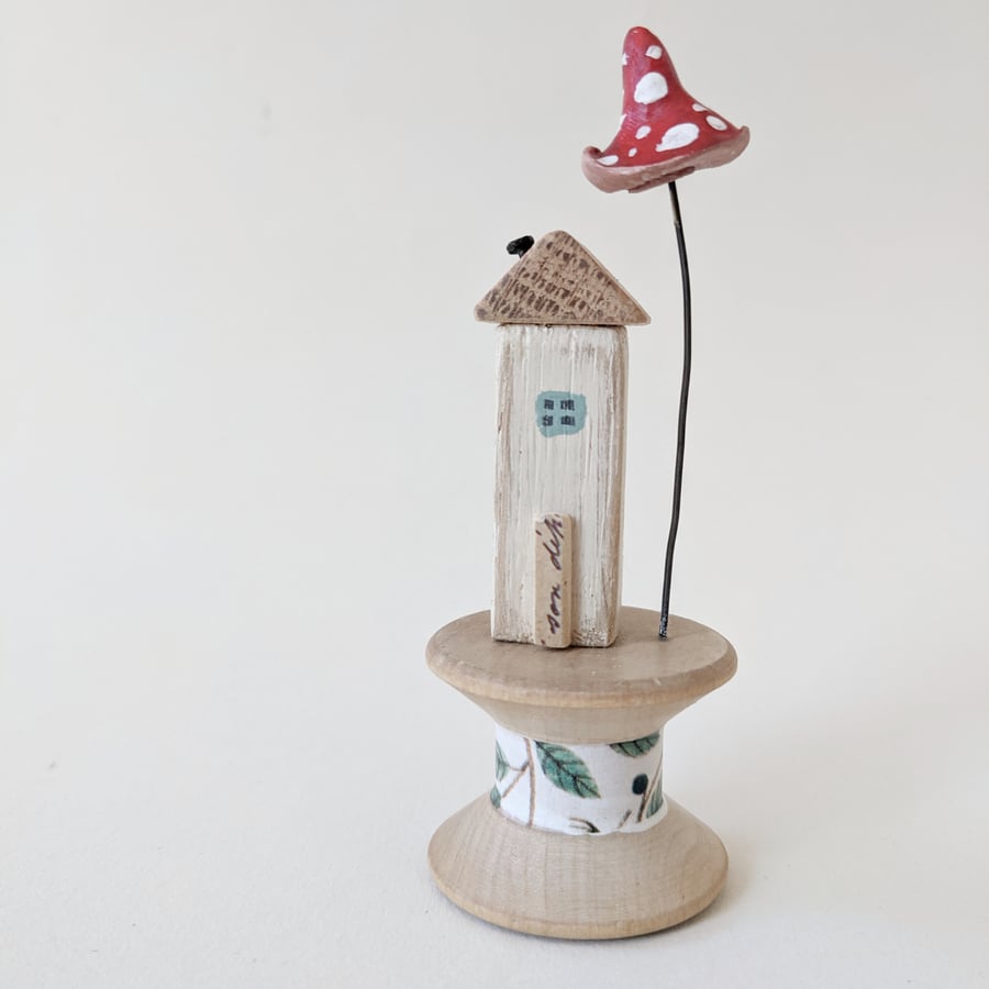 Little House on a Vintage Wood Bobbin with Clay Toadstool