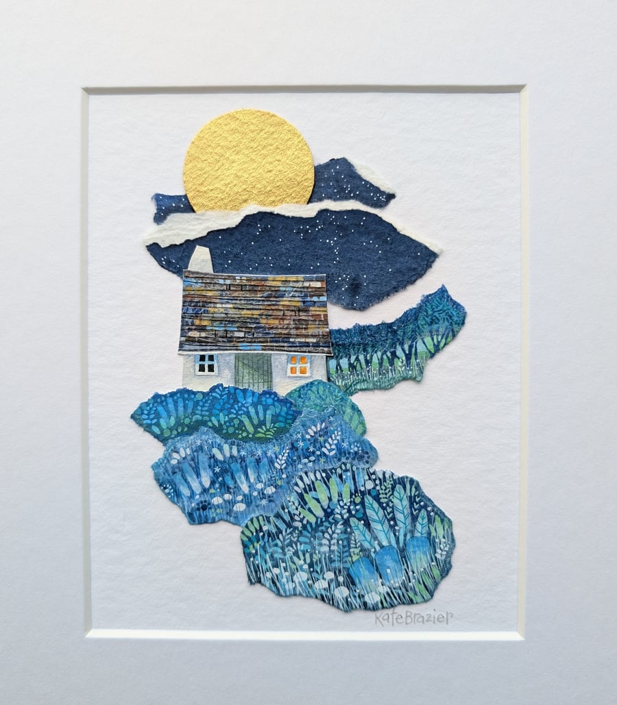 Under a Paper Moon - Original irregular edge collage. 10 x 12" Mounted