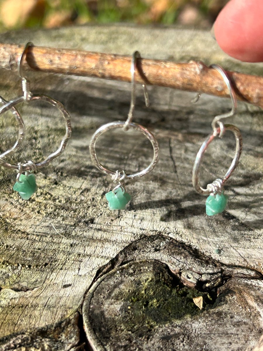 Emerald green stars on Silver  hoop dangly earrings