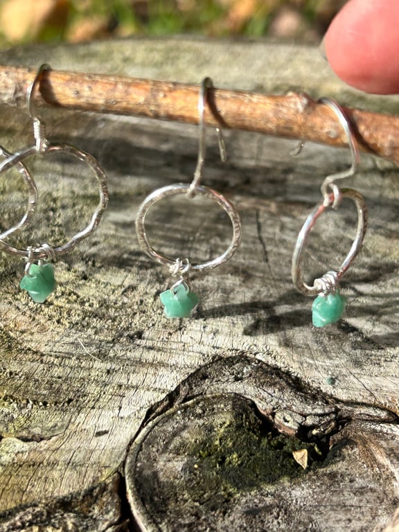 Emerald green stars on Silver  hoop dangly earrings