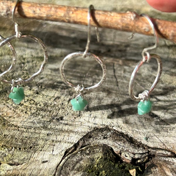 Emerald green stars on Silver  hoop dangly earrings