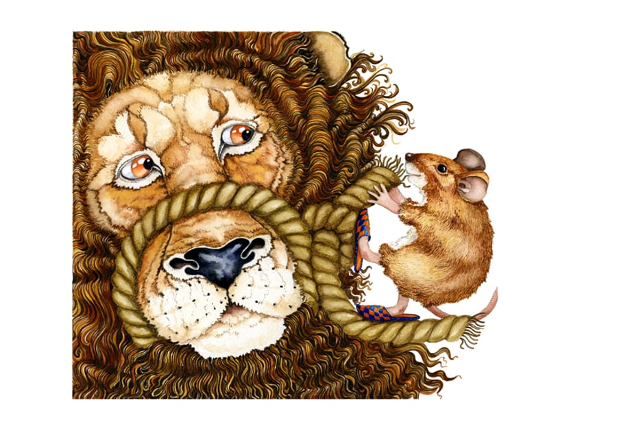 Lion and Mouse Aesop Fable illustration A4 giclee print